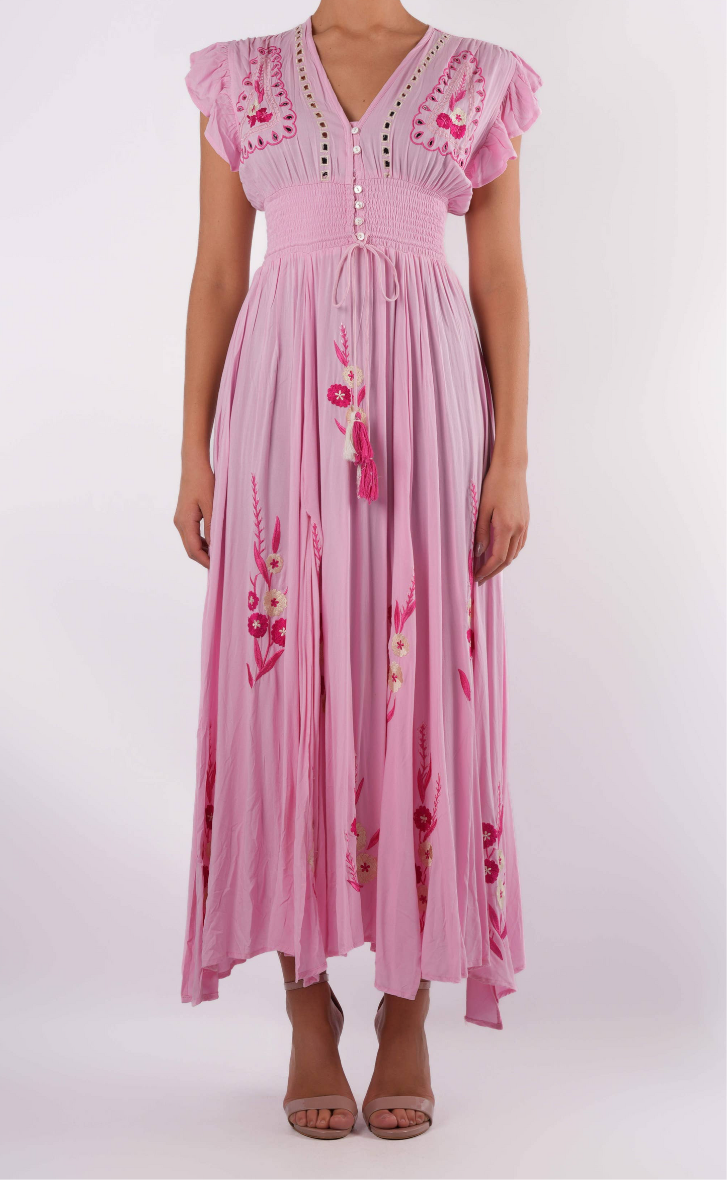 Langes Boho Kleid mit Blumenstickerei / Rosa