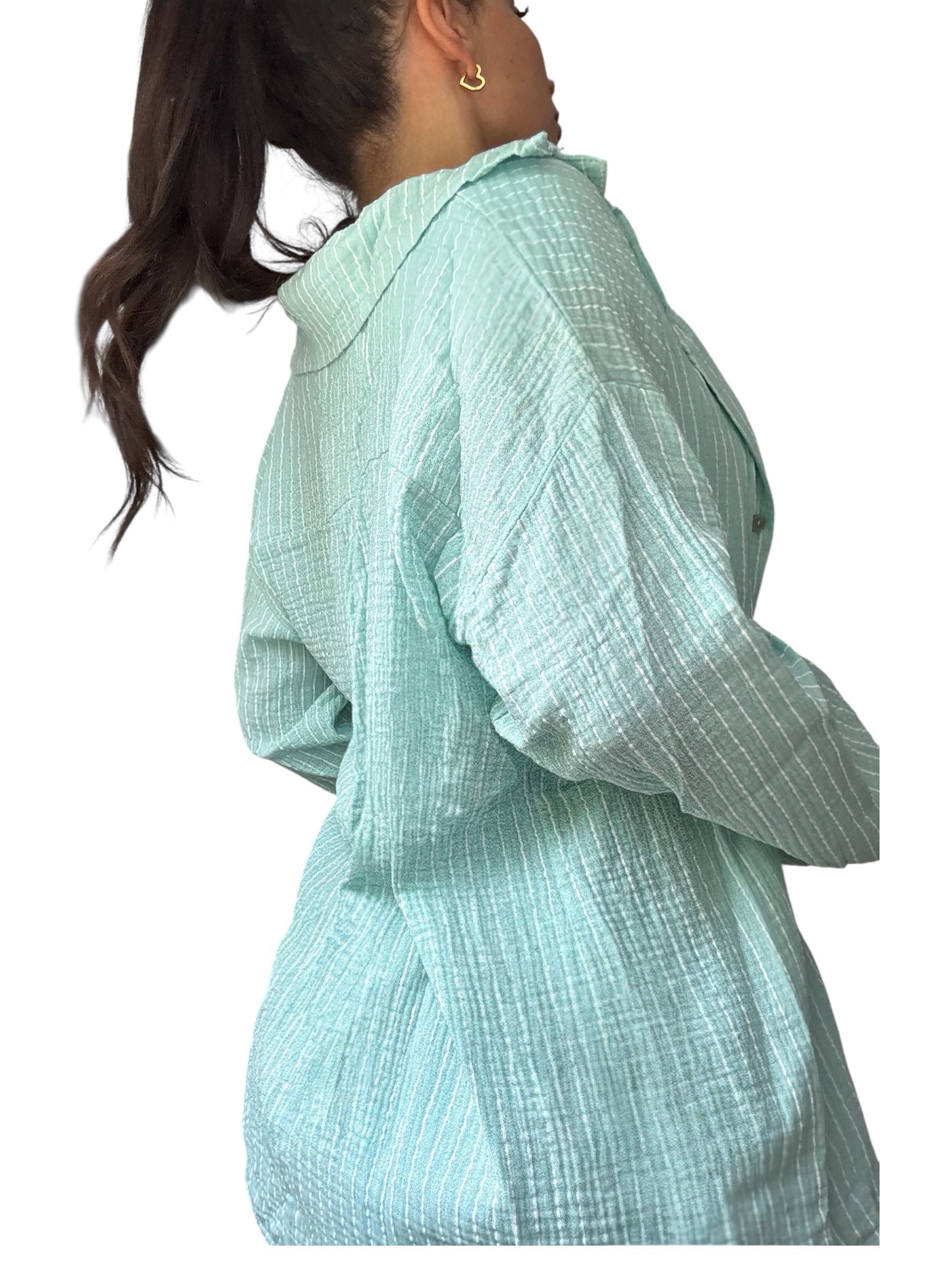 Musselin Bluse Türkis/Weiß