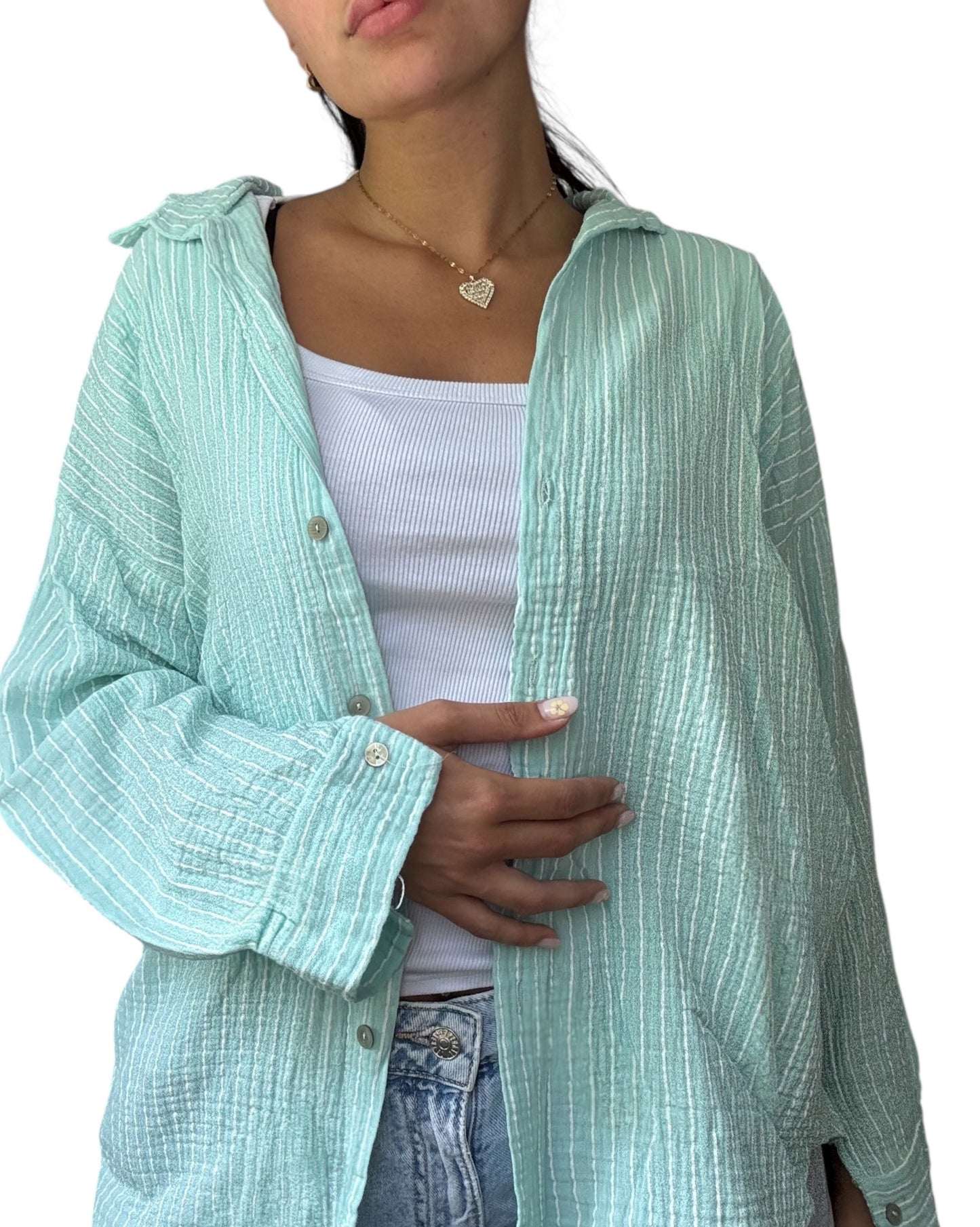Musselin Bluse Türkis/Weiß