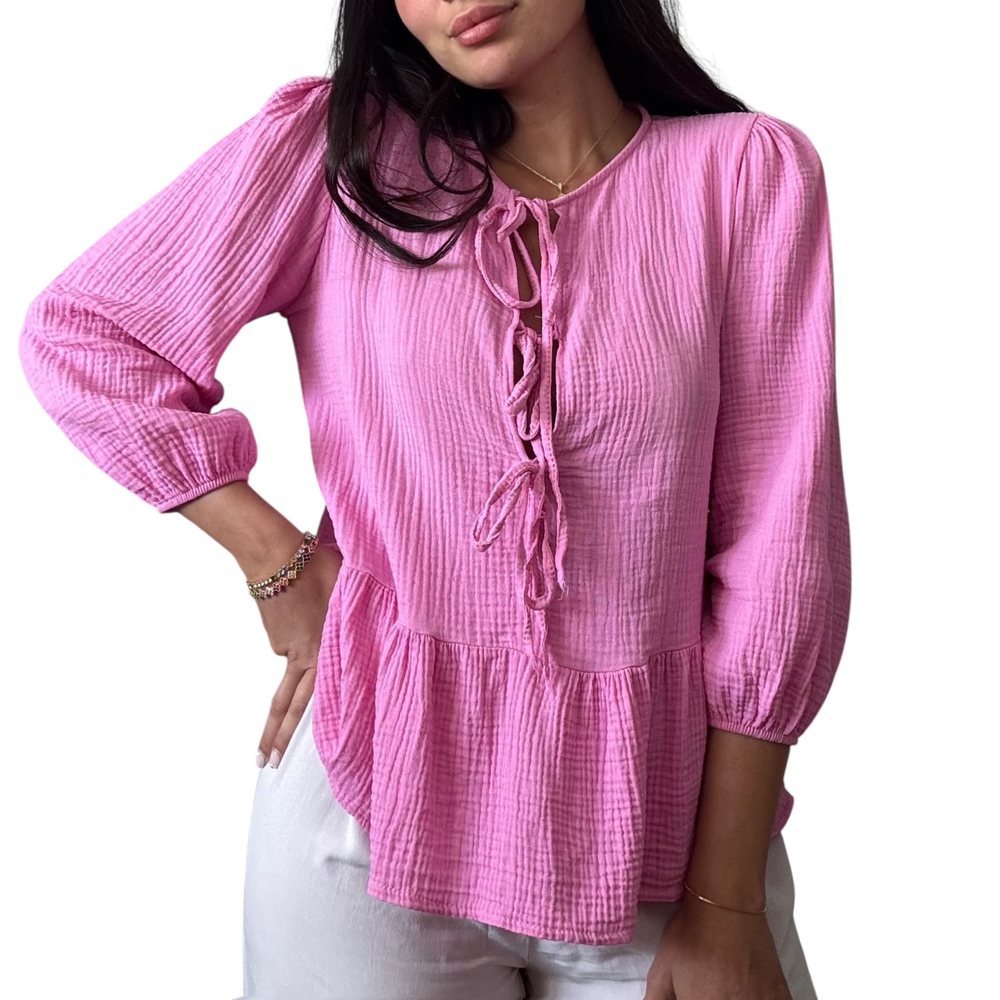 Musselin Bluse mit Schleifen Pink