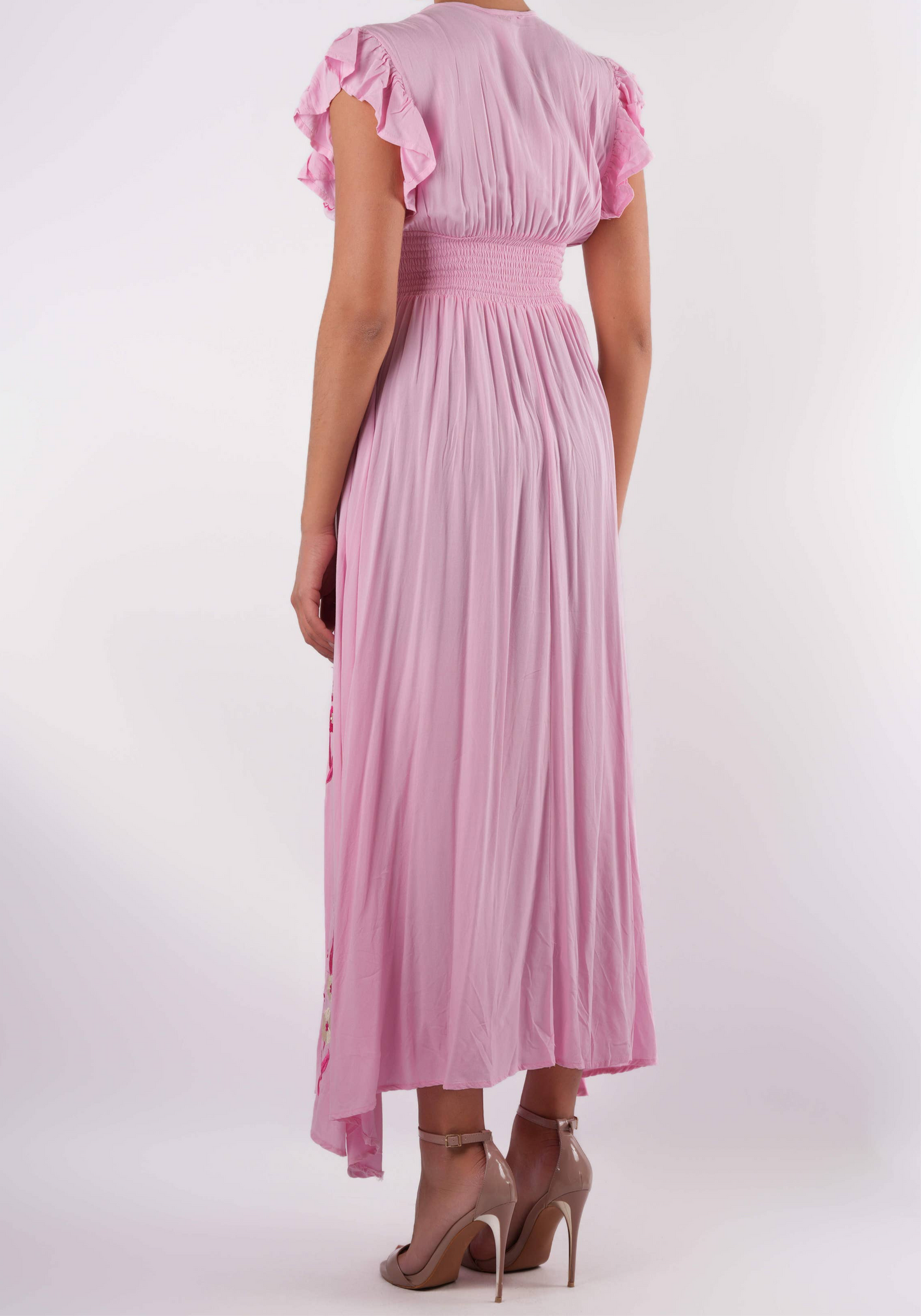Langes Boho Kleid mit Blumenstickerei / Rosa
