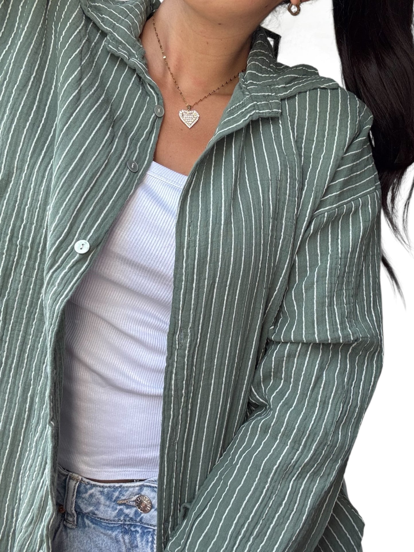 Musselin Bluse Khaki/Weiß