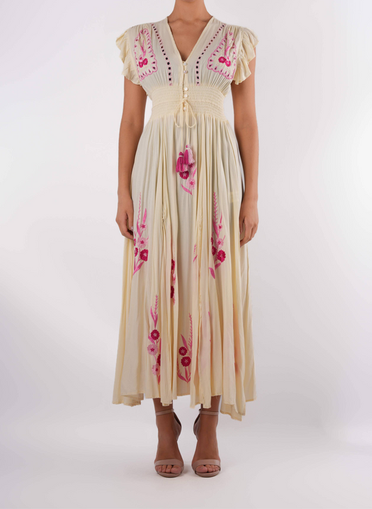 Langes Boho Kleid mit Blumenstickerei / Gelb