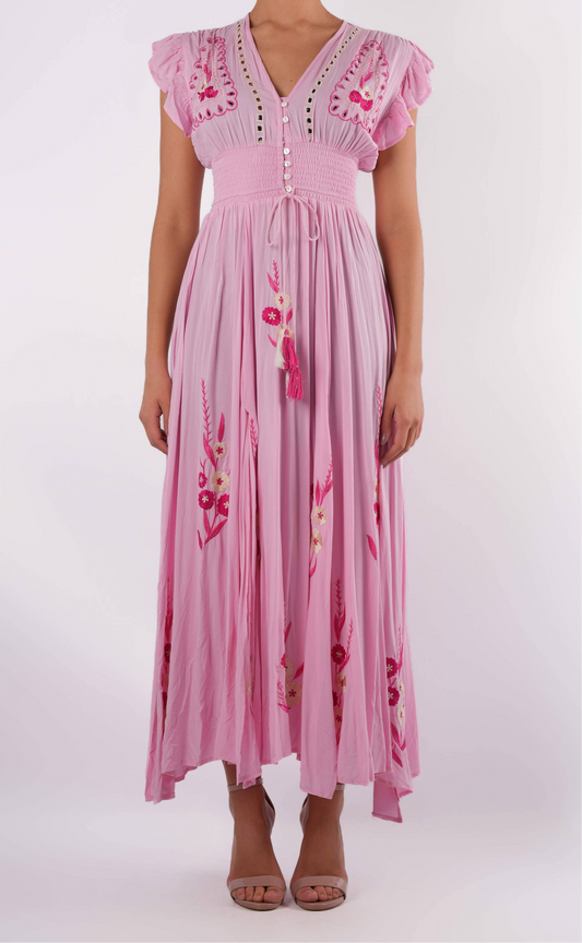 Langes Boho Kleid mit Blumenstickerei / Rosa