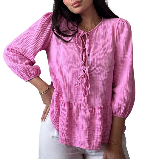 Musselin Bluse mit Schleifen Pink