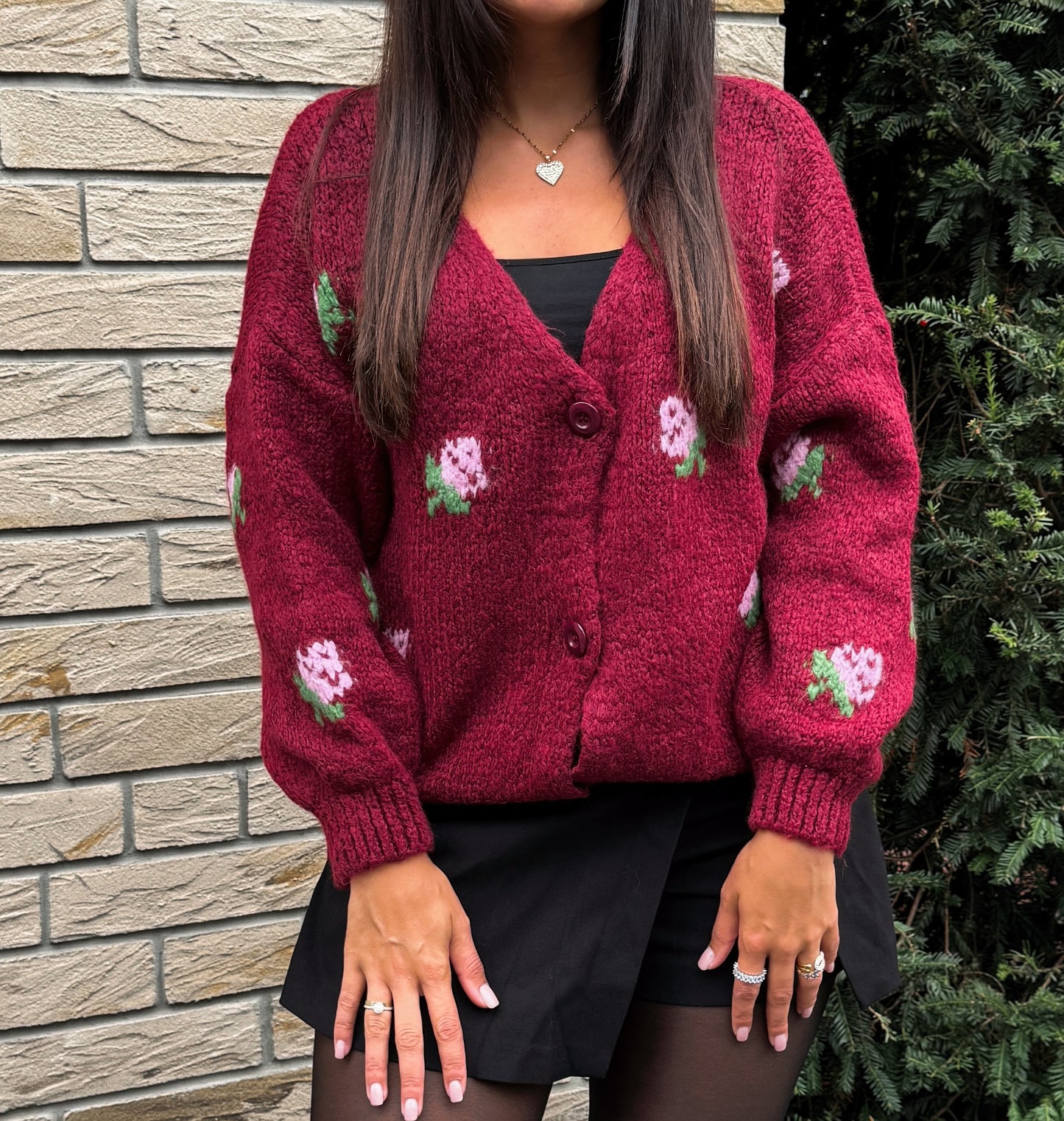 Cardigan mit Blumenmuster - Bordeaux