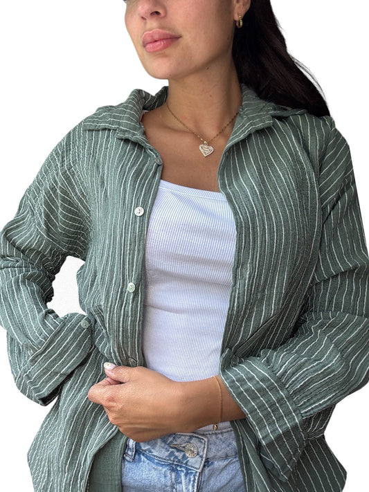 Musselin Bluse Khaki/Weiß